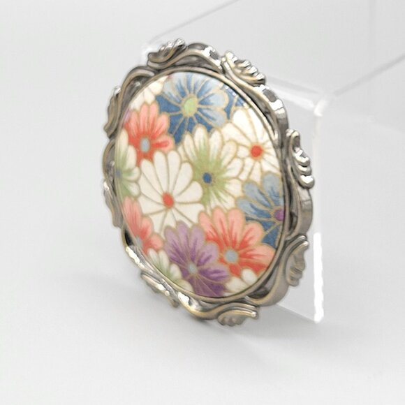 Hand Painted Floral Flower Round Brooch Lacquered Artist Signed Multicolor 2.25" - Picture 3 of 6